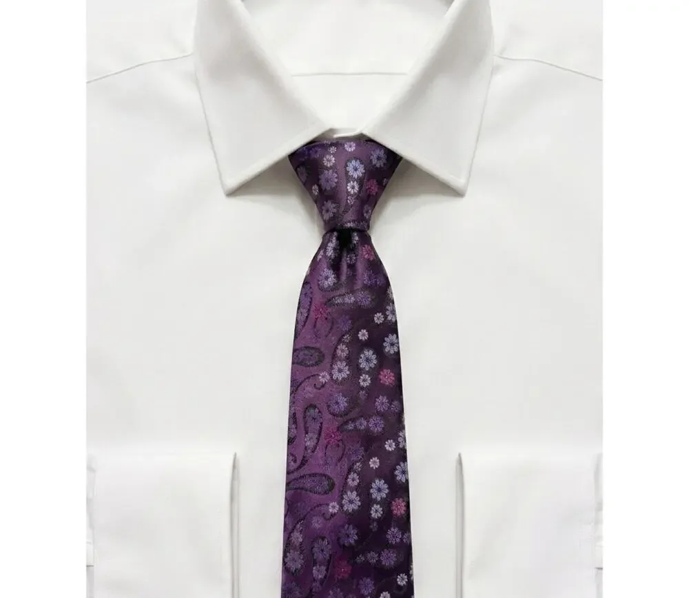 Kailong Mens Silk Necktie Purple Floral Daisy Pattern Hand Made 100% Silk